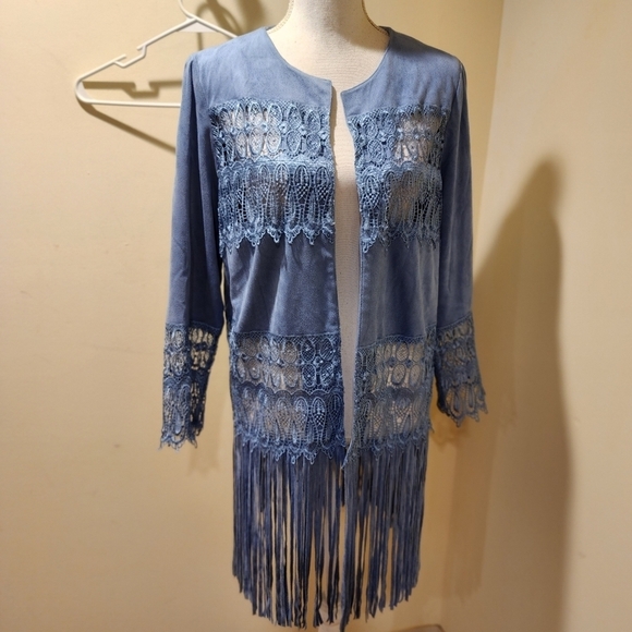 Chico's blue faux suede lace fringe open front cardigan Chico's size 1 - Picture 2 of 14